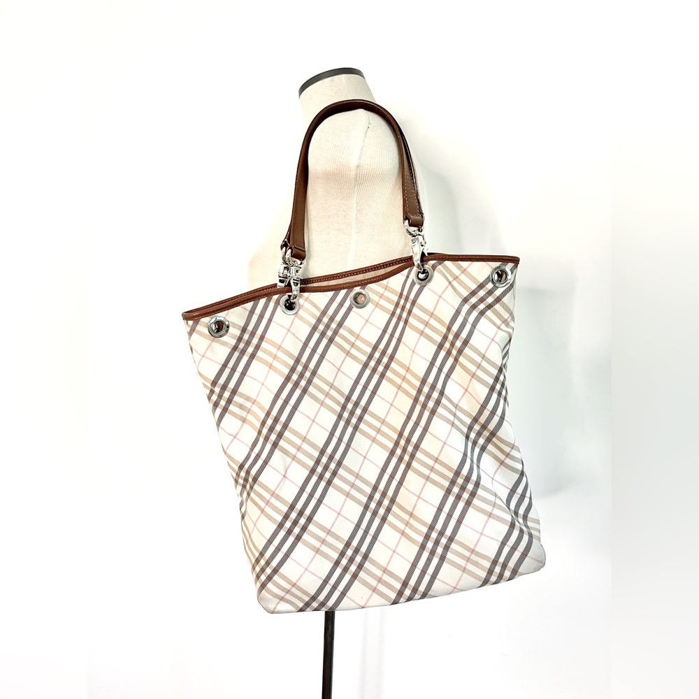 NWOT Burberry Convertible Beige Plaid Fabric Large Tote Bag with Leather Handles